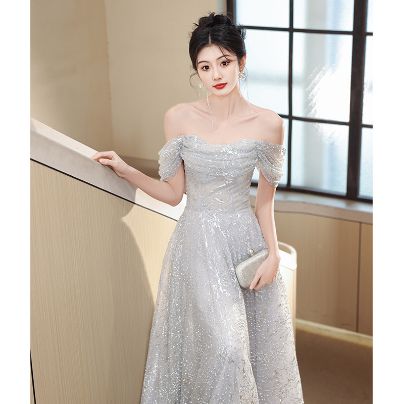 Silver-Gray Off-The-Shoulder Evening Dress for Women 2026 New Light Luxury Niche Student Graduation Host Coming-Of-Age Ceremony Dress