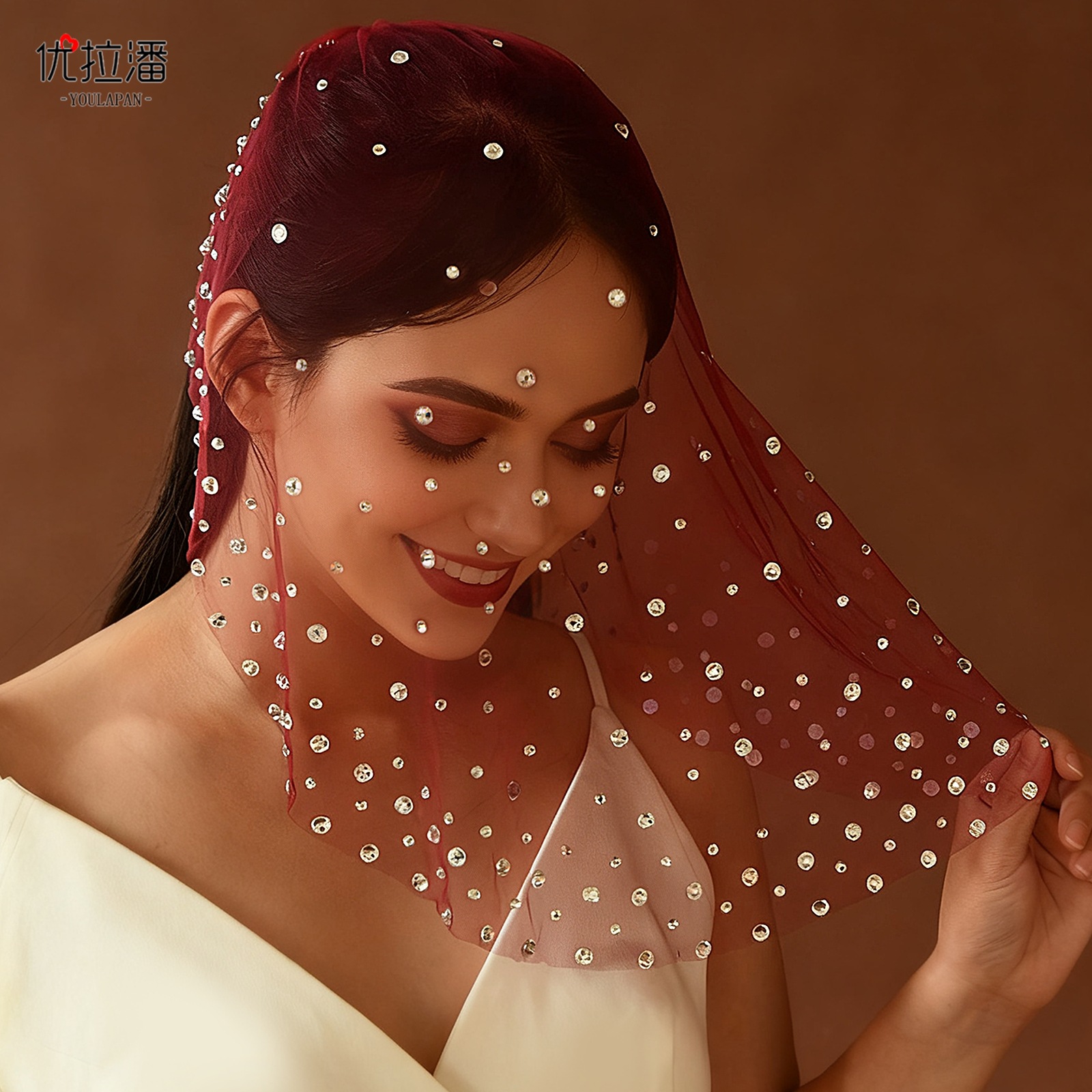 优拉潘 MA07酒红色水钻小宽新娘头纱 单层遮面纱婚礼新娘造型头纱