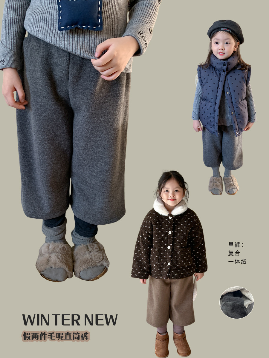 weimu girls‘ winter new fake two pieces fleece-lined thick woolen pants baby autumn and winter western style wide-leg pants pants