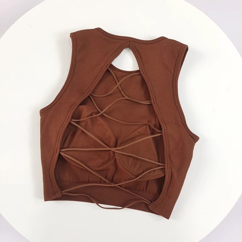 Hermoso chaleco de yoga con cordones cruzados, ropa interior deportiva de copa fija para mujer, ropa deportiva para correr, top sexy