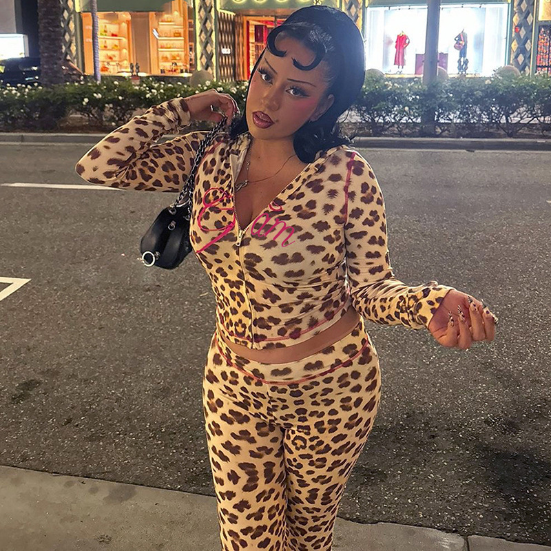 Cross-Border European And American Style 2024 Summer New Printed Hooded Cardigan Top Leopard Print High Waist Tight Long_ecoleips.com