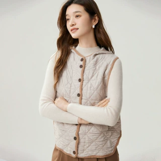 秋冬新款山羊绒菱格连帽背心马甲舒适百搭女装织带包边棉服外套厚