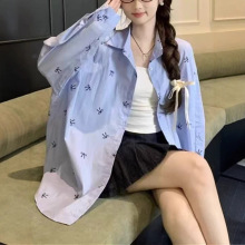 跨境蝴蝶结长袖衬衫外套女春夏季甜美防晒宽松中长款衬衣开衫上衣