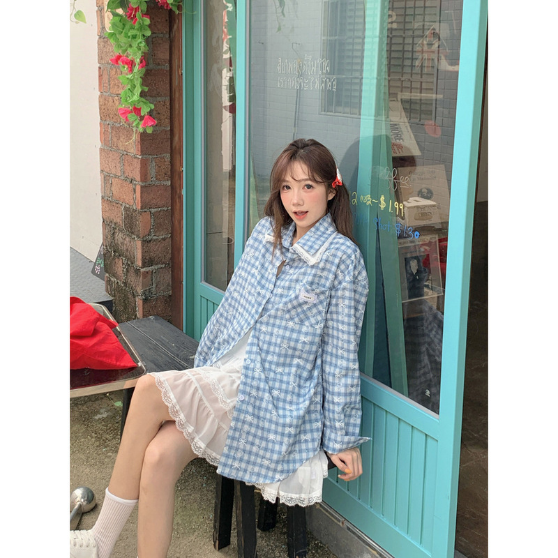 Sweet and Cool Lace Double Collar Bear Bow Printed Plaid Shirt for Women 2025 New Chic Design Top