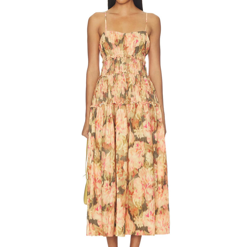 Floral Mid-Length Dress with Thin Straps, Square Neckline, Elastic Ruching, Layered Ruffle Hem, Holiday-Style Gentle Long Dress