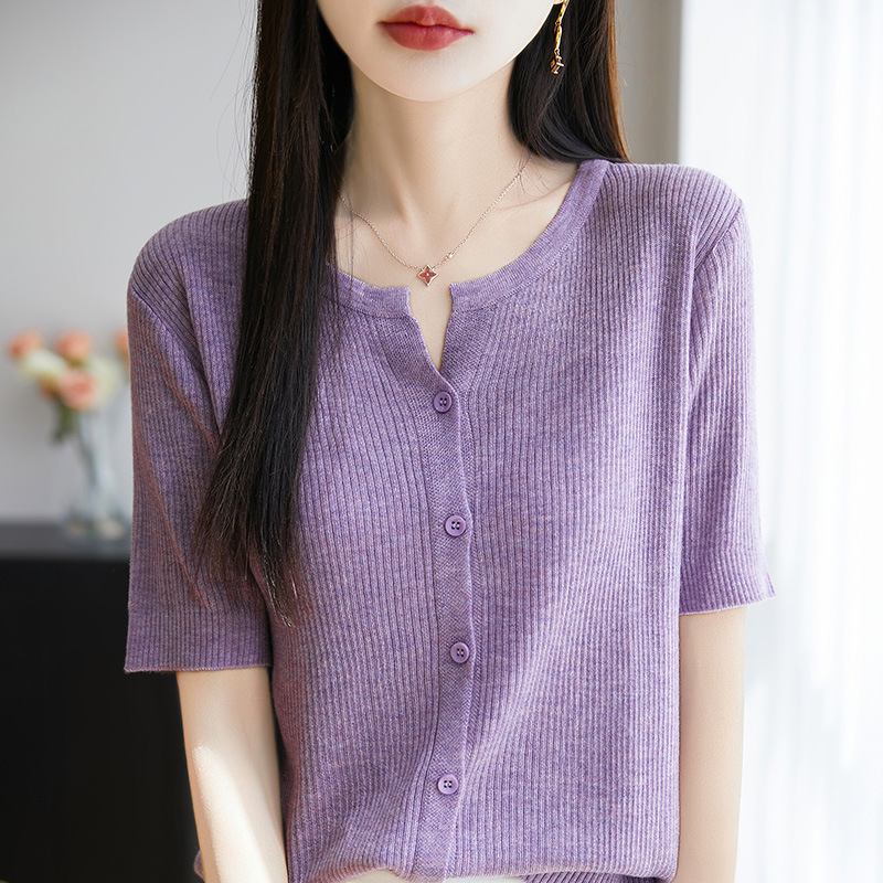 Summer Crewneck Knitted Cardigan Women's Short-sleeved Loose Thin Half-sleeved Solid Color All-match Chanel Style Top
