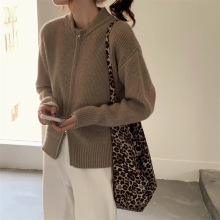 纯色拉链毛衣开衫女欧美跨境秋冬季新款休闲风宽松厚实毛衣开衫女