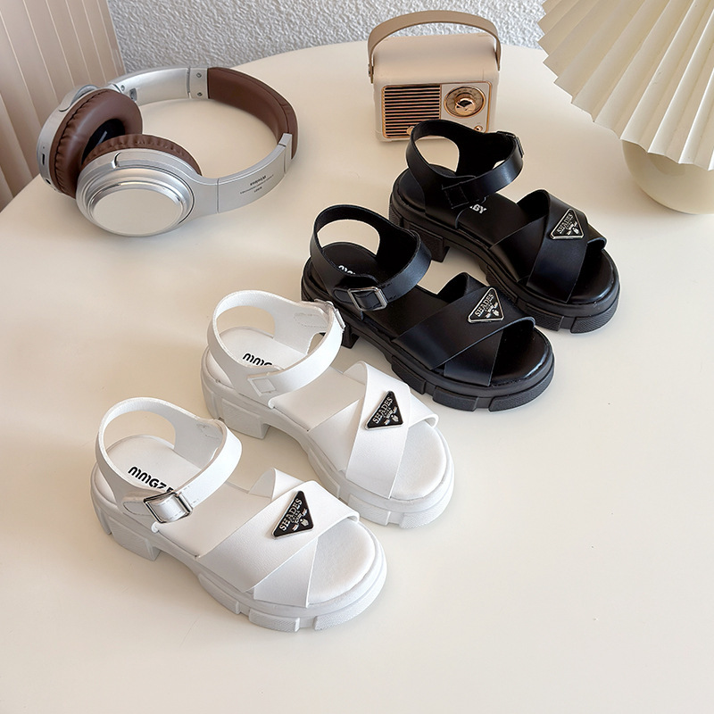 Triangle Logo Cross Roman Sandals for Girls 2025 Summer New Thick-Soled Ebay Casual Children's High Heels Wholesale