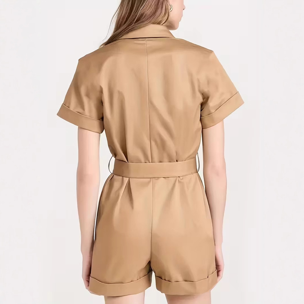 Stylish Women's Belted Jumpsuit With Pockets And Collared Shorts_voghion.com