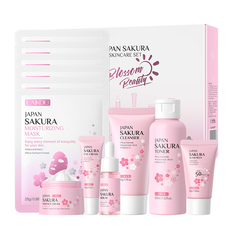Nuevos productos transfronterizos LAIKOUFENYIQUIYUM combinación de flores de cerezo leche caracol paquete de cuidado de la piel comercio exterior en stock