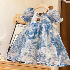 女童泡泡袖水墨公主裙2023夏裝新款兒童禮服裙洋氣國風印花連衣裙