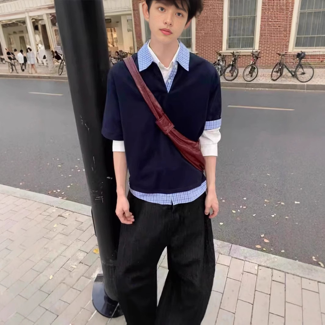 American Retro Fake Two-Piece Polo Shirt Men's Summer Preppy Style Short-Sleeved Shirt Cleanfit Right Shoulder T-Shirt