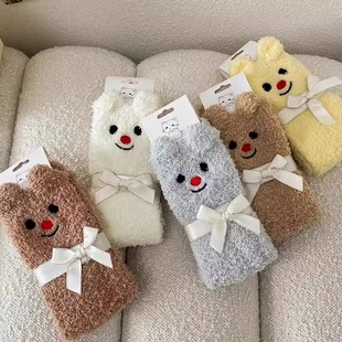 Furry Coral Fleece Socks Women Butter Bear Autumn and Winter Warm Cute Girls Sleep Socks Home Floor Socks