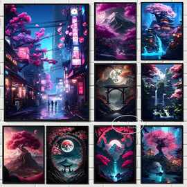 霓虹灯日本东京樱花街海报厂家批发来图打印帆布画芯跨境电商Temu