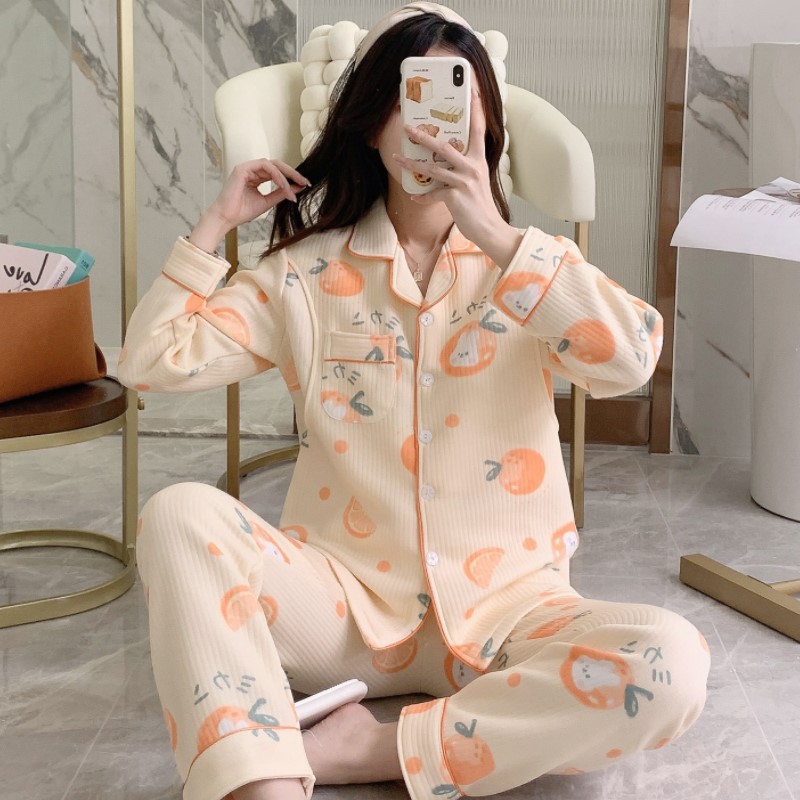 Pijamas Otoño e Invierno naranja v-cuello de algodón sándwich confinamiento ropa transpirable maternidad enfermería postparto homewear traje