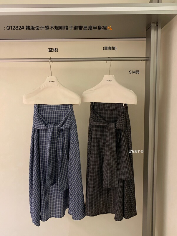 【WOW】韩版设计感不规则格子绑带显瘦半身裙百搭高腰中长款A字裙|undefined