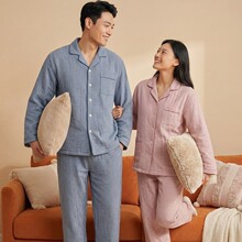 春夏情侣纯棉秋季新款韩版情侣睡衣女韩系格子简约家居服套装长袖