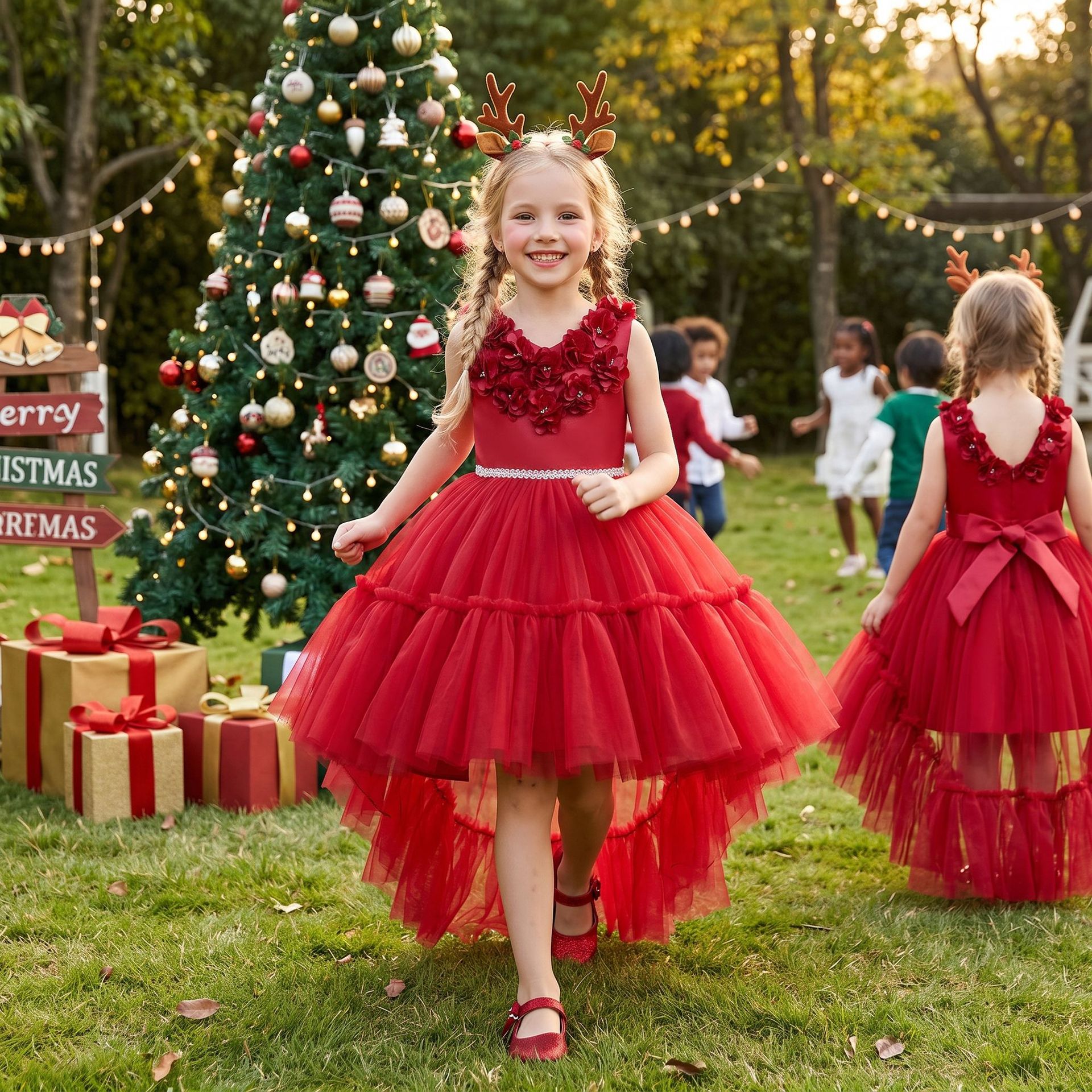 Vestido de fiesta navideña para niñas, vestido de tul sin mangas con pétalos, vestido de princesa para Navidad