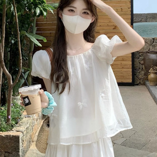 White Short-Sleeved Chiffon Top for Women Summer 2025 New French Unique and Beautiful Baby Doll Shirt Short Puff Sleeve Shirt