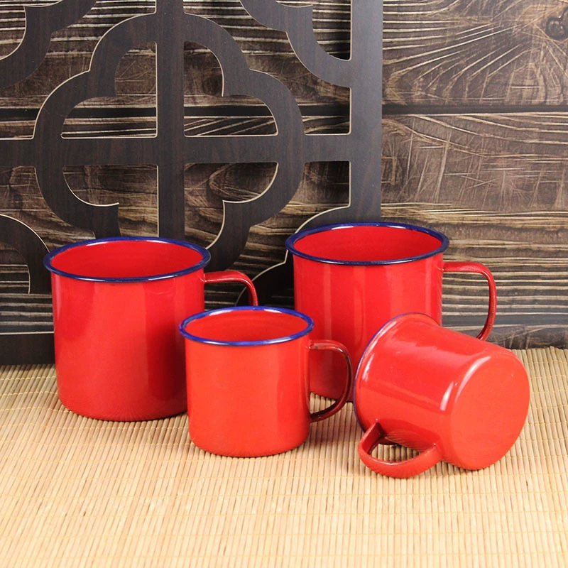 Enamel mug and tea jar, red "Double Happiness" floral design, with/without cover, 120–1200 ml