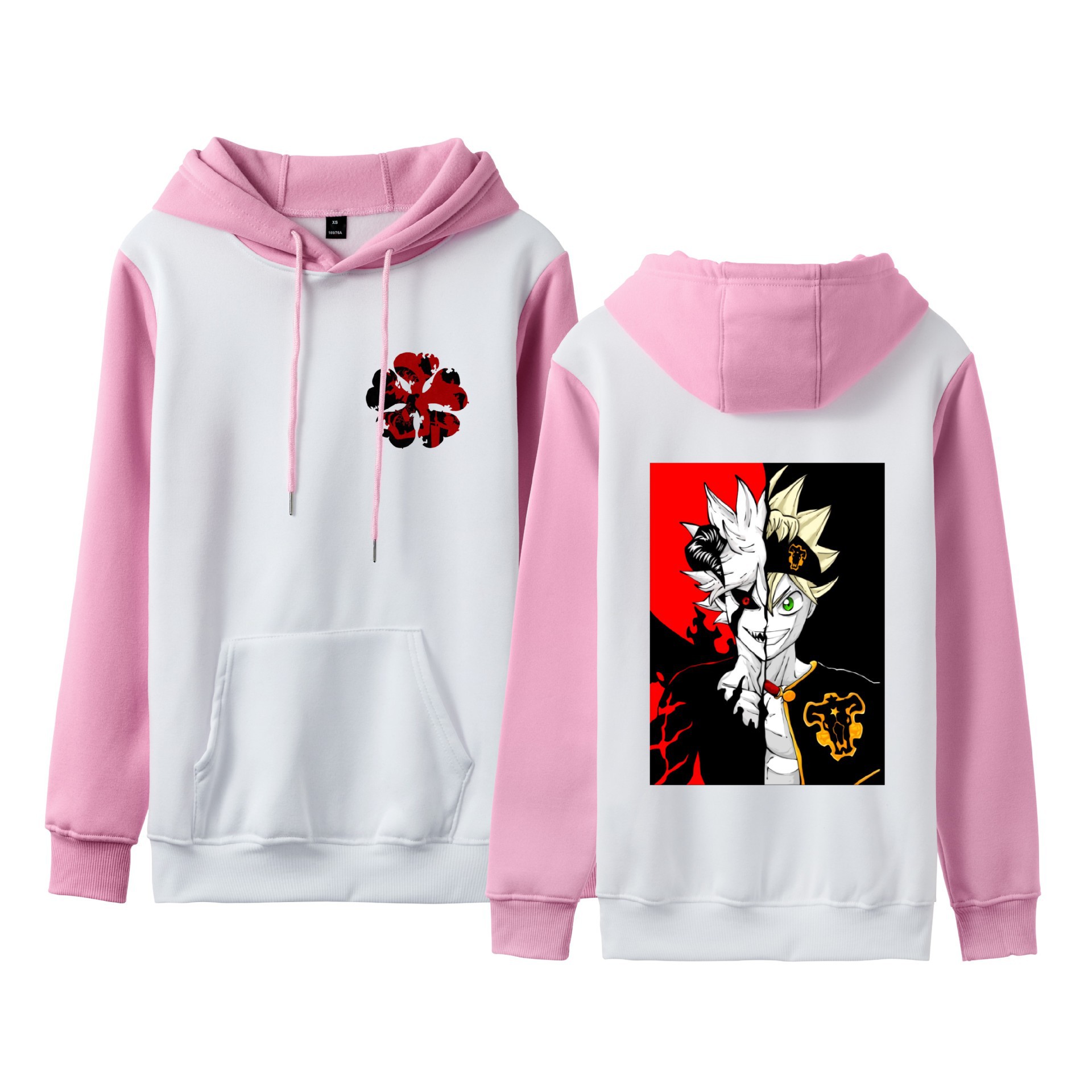 Trébol de cuatro hojas negro Black Clover suéter de pareja de talla grande para hombres y mujeres sudadera con capucha de contraste con capucha