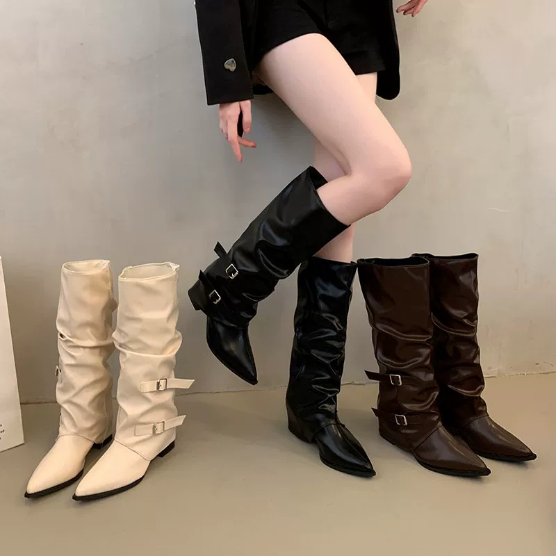 Заостренные сапоги с пряжкой и плиссировкой, толстый каблук, 2024 панк-стиль рыцарские сапоги уличные женские с высоким каблуком