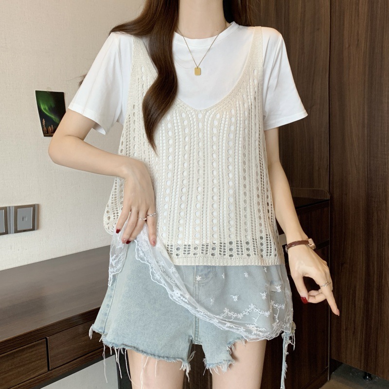 Hollow Knitted Camisole Women's Outer Wear Summer New Sleeveless Knitted Vest Layered Korean Style Inner Top for Women