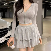 韩国春夏新款修身百搭代购性感薄款微透连帽开衫+蛋糕短裙两件套