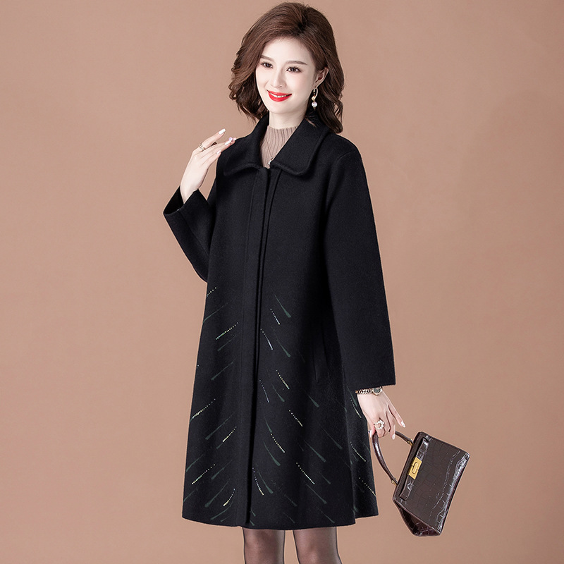 中老年女装毛呢外套加肥加大码50岁洋气胖妈妈秋冬装双面洋绒大衣