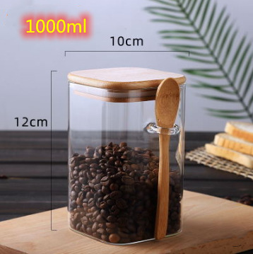 Frasco de vidrio cuadrado sellado con cuchara de madera caja de condimento granos de café botella de almacenamiento frasco de té