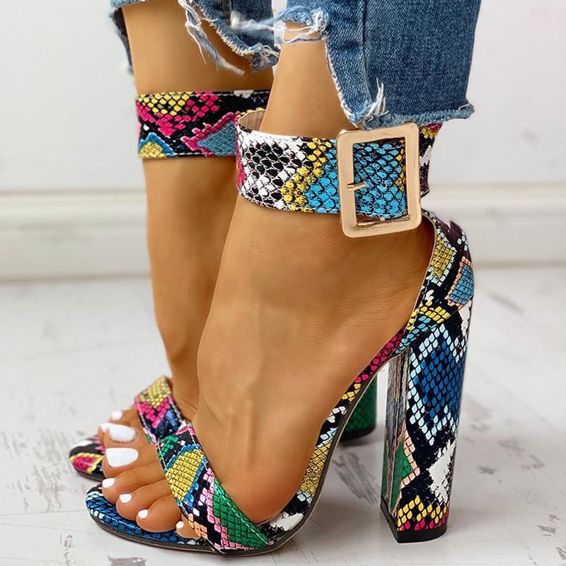 Women's Chunky Heel Pumps belt buckle snake pattern thick heel sandals women's large size 40 43sandals_voghion.com