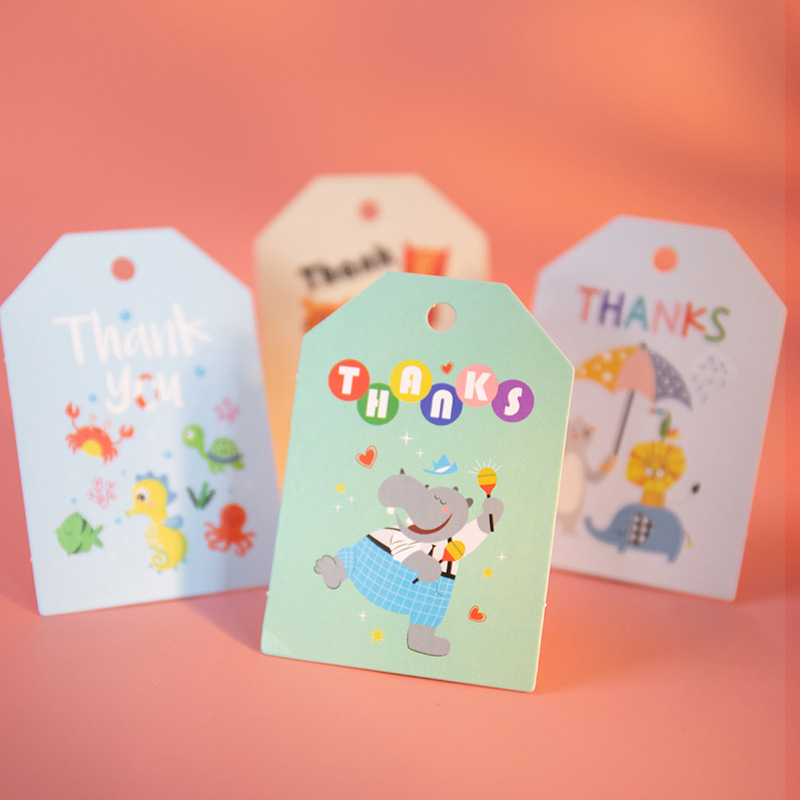 卡通Thank You吊牌 可爱恐龙老虎感谢小卡片礼品烘焙包装装饰吊卡