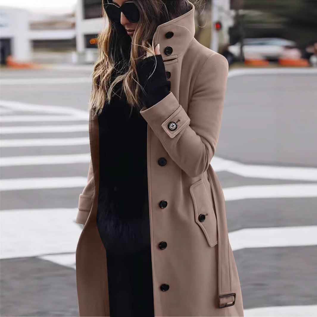 Cross-Border Foreign Trade Amazon 2025 Autumn and Winter New Slim Woolen Coat Women's Coat Solid Color Women's Coat