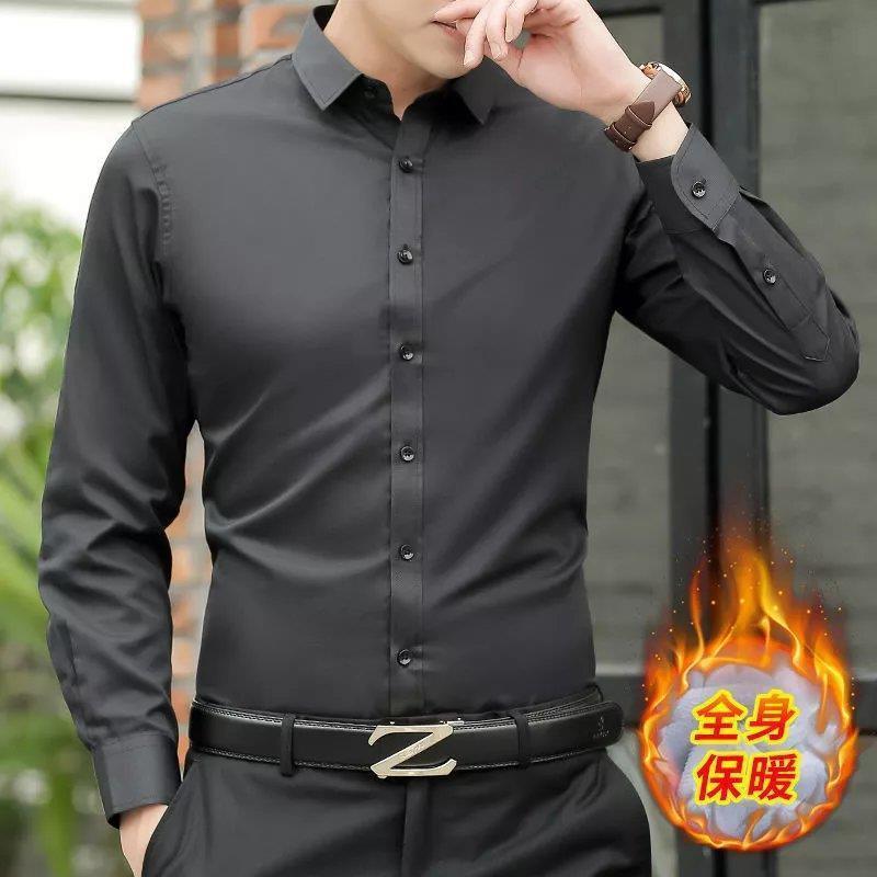 メンズベルベット厚手シャツ秋冬スリムビジネスプロフェッショナル無地作業服長袖ホワイトサーマルジャケットトレンディ|undefined