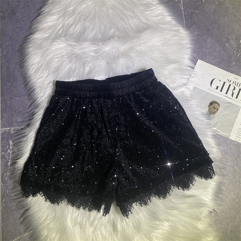 American-Style Casual High-Waisted Shorts for Women, New Autumn and Winter Elastic Waistband, Shiny Velvet, Slimming Black Wide-Leg Shorts