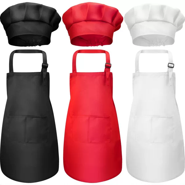 Children's Apron and Chef Hat Set, Solid Color, Anti-Stain, for Kitchen Baking and Painting, Adjustable with Pockets