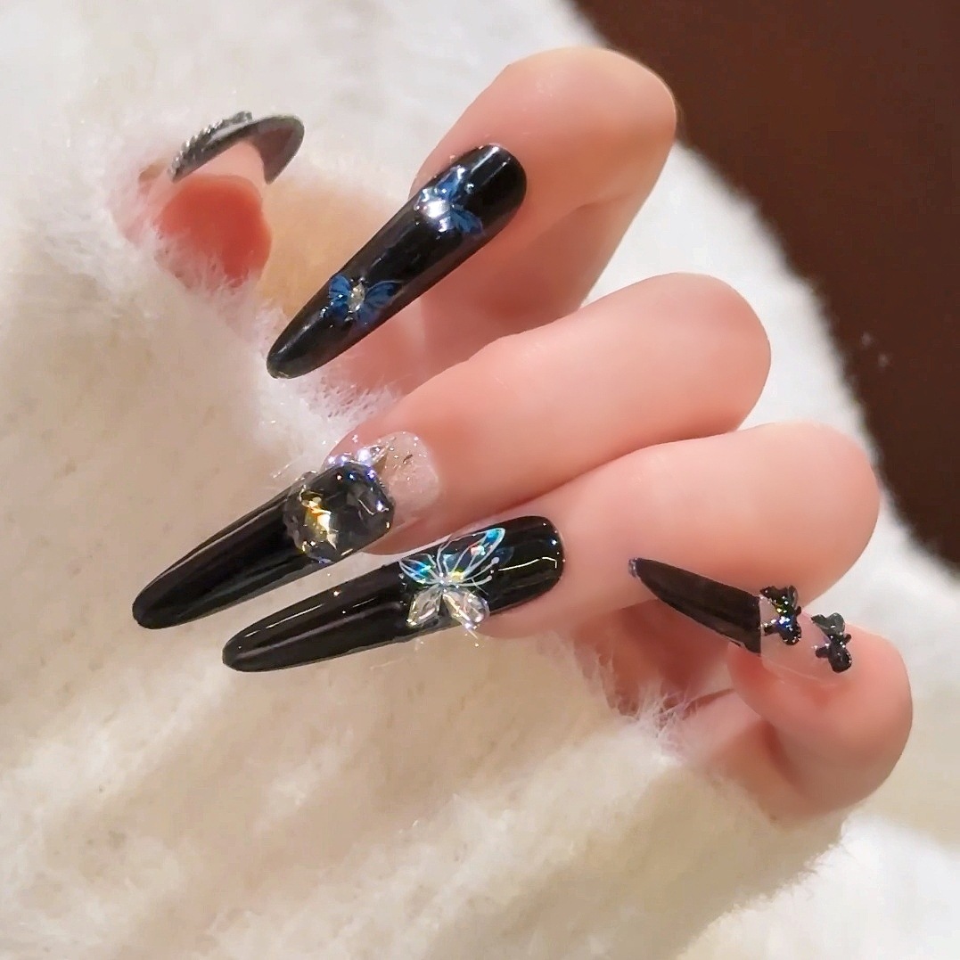 Largo arco negro puro hecho a mano manicure perro fino manicure de mano puro desgaste de uñas productos acabados de manicure pegatinas desmontables
