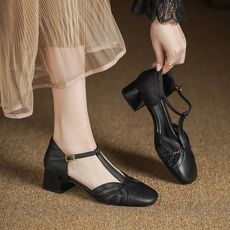 Giày sandal cao gót nữ hở mũi da cừu lưới gót vuông quai chữ T — đen