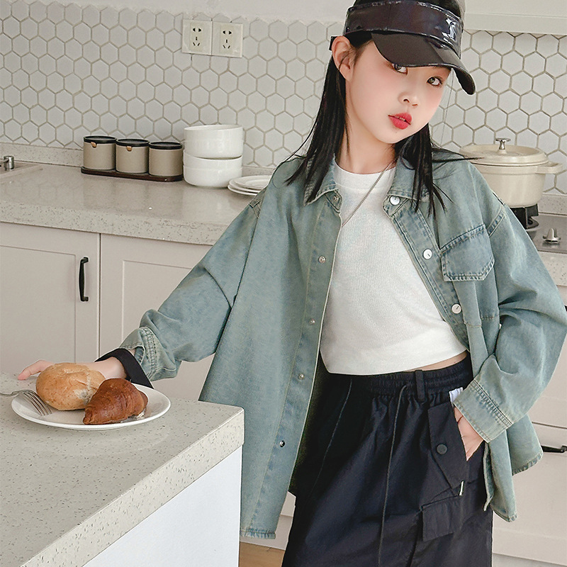 소녀 가을 데님 셔츠 세트 2024 새로운 소녀 유행 세련된 티셔츠 어린이 봄과 가을 치마