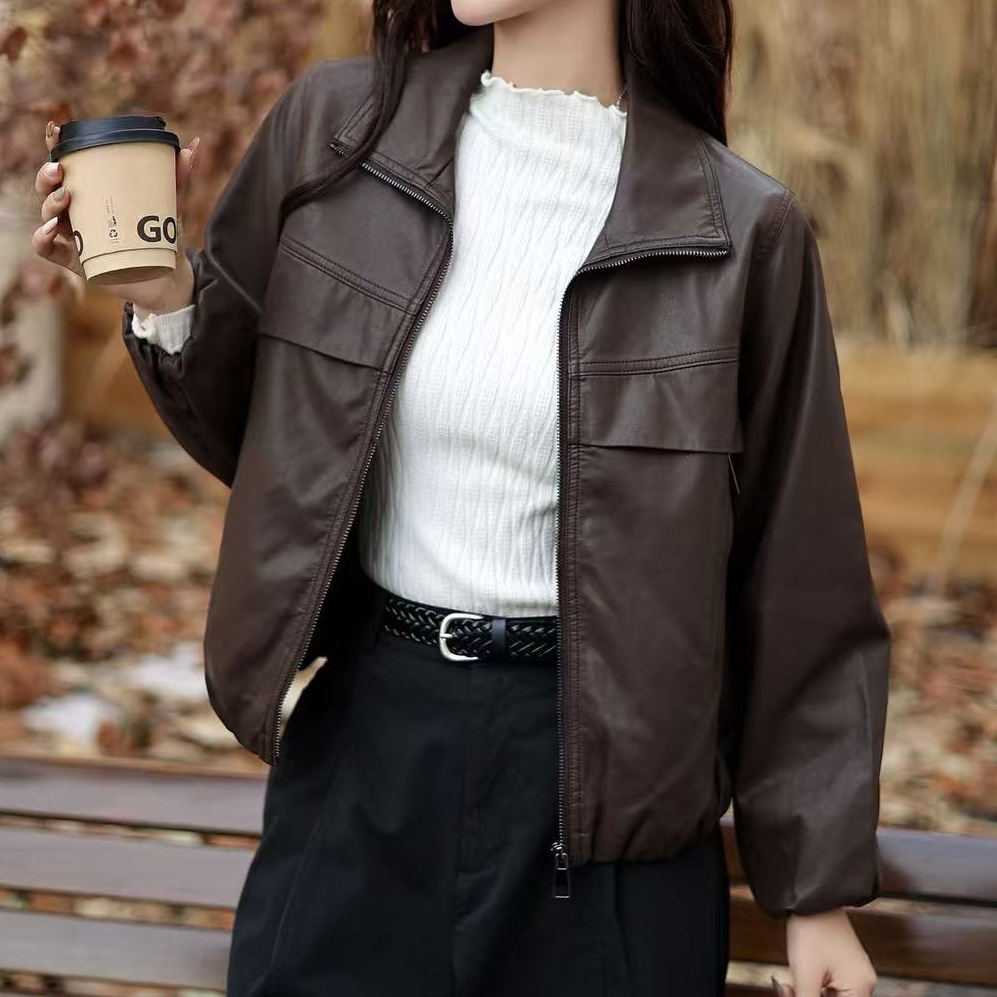2025 New Autumn Leather Jacket Women's Short Motorcycle Jacket Casual Loose Slim Zipper Leather Jacket