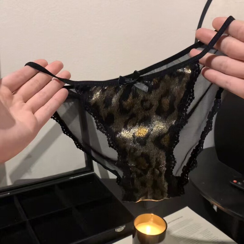 French Gold Leopard Print Satin Lace Girl's Comfortable Mesh Cut Out Seamless Sexy Low-Waist Pure Cotton Crotch Underwear for Women