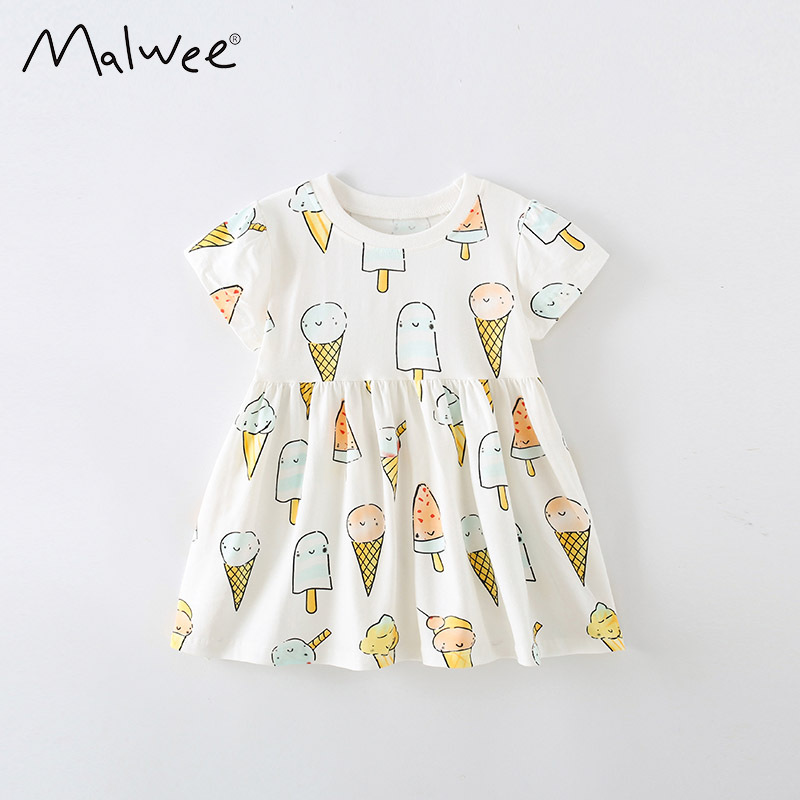 En stock malwee niñas vestido de verano nuevo cuello redondo impreso casual falda los niños europeos y americanos