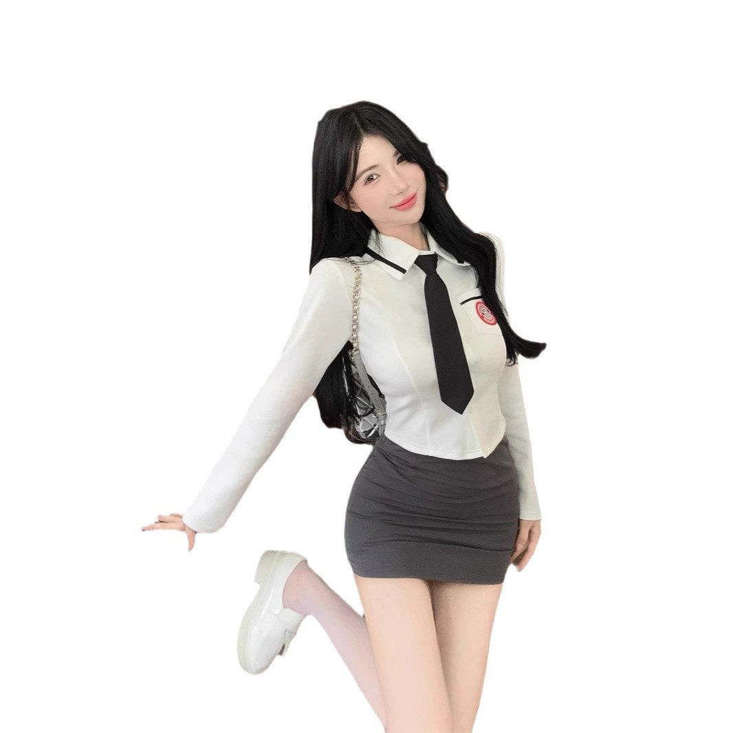 한국 세련된 대학 스타일 JK 유니폼 긴팔 슬림 핏 셔츠 넥타이 힙합 스커트 핫 소녀 투피스 세트