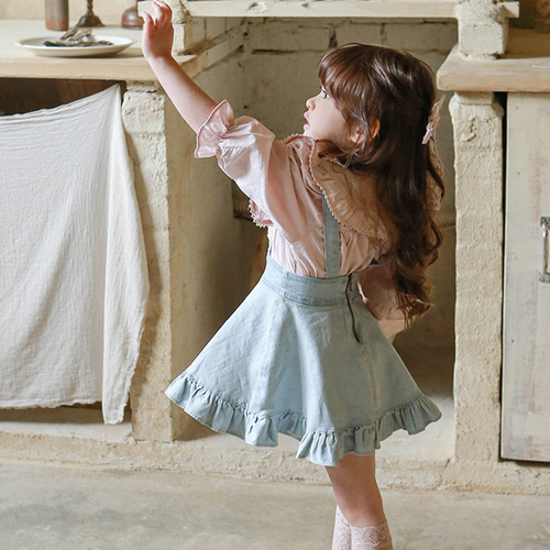 2024 Spring Girls' Denim Skirt Strawberry Style Korean Children's Clothing Kids' Girls' Ruffled Halter Strap Dress