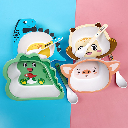 Cute Cartoon Bamboo Fiber Children's Bowl Set Household Baby Eating Baby Food Bowl Spoon Set Children's Tableware Set
