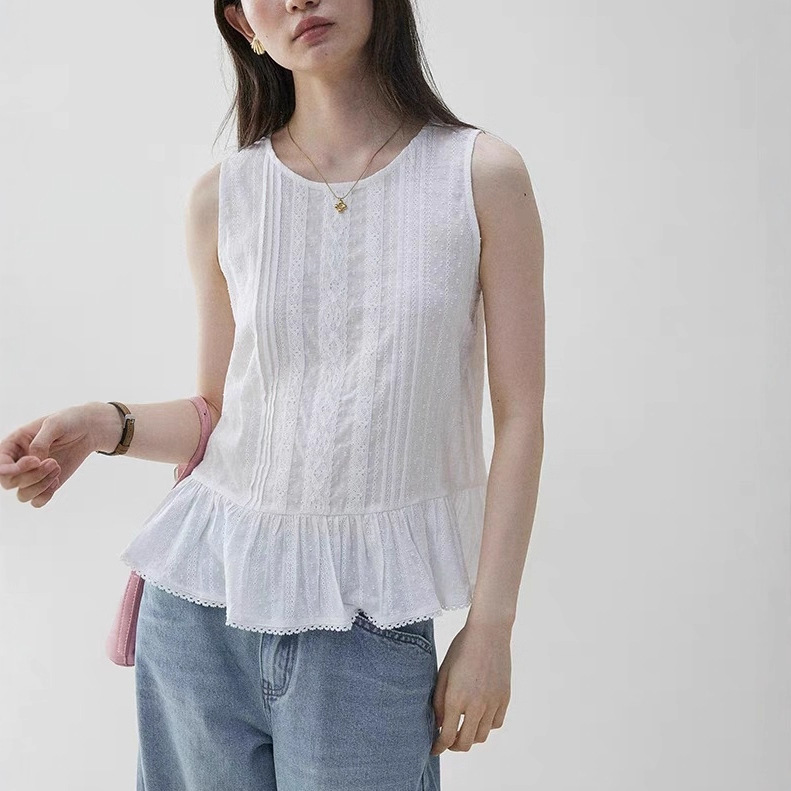 Mustard Pie Vooe1 Thin Lace Sleeveless Vest Shirt Women's Summer New Loose Round Neck Top Mustard Pie Vooe1 Thin Lace Sleeveless Vest Shirt Women's Summer New Loose Round Neck Top