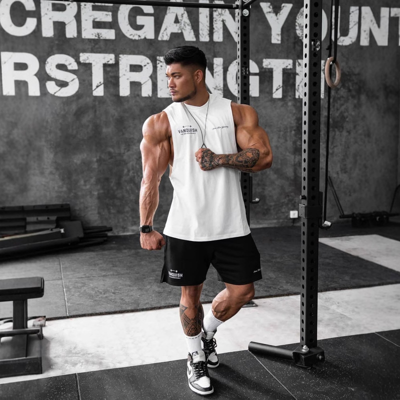 Vq New Muscle Fitness Brothers Sports Men's T-Shirt Spring and Summer Round Neck Cotton Casual Running Short Sleeve T-Shirt Sleeveless