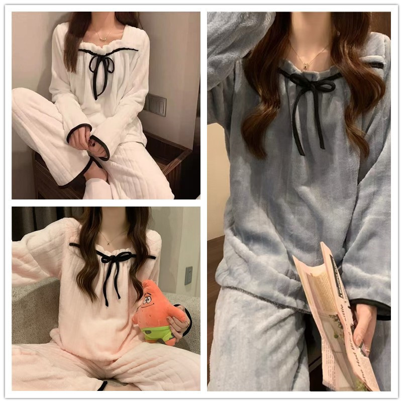 Pajamas Women's Autumn and Winter New Thickened fleece-lined Sweet Princess Style Flannel Home Clothes Coral Fleece Warm Clothes suit