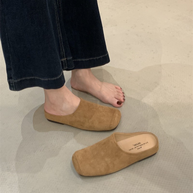 春夏2025新款麂皮穆勒鞋凉拖鞋女尖头绒面低跟单鞋简约包头半拖鞋|undefined