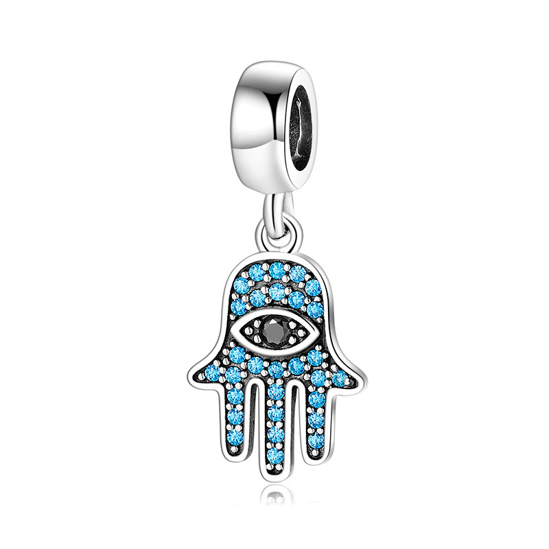 S925 Sterling Silver Hamsa Hand Pendant with Blue Zircon Eye Design, European and American Fashion Bracelet DIY Beads